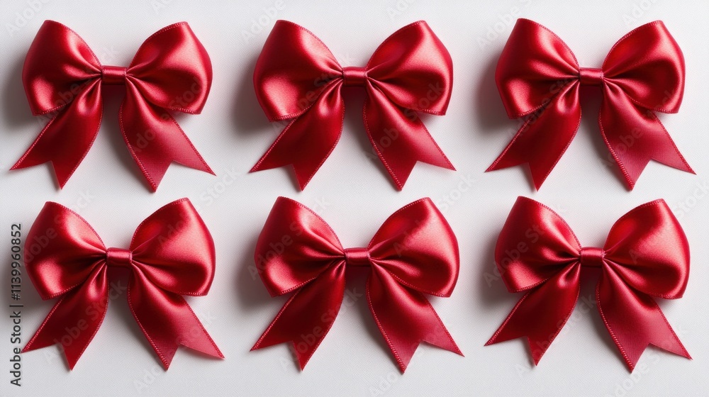 Six red satin bows arranged on white background. Six red satin bows arranged on white background.