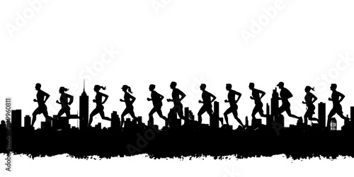 Runners completing long-distance training on a city street in a group, Vector Graphic