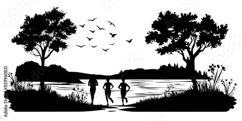 Runners enjoying a sunny day while traversing a scenic trail, Vector Graphic