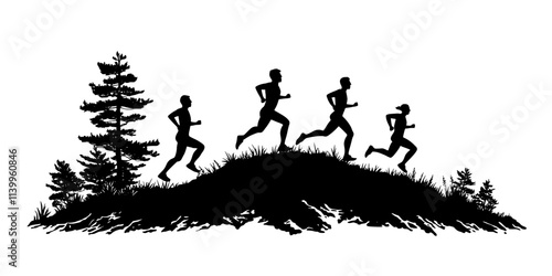 Runners exploring different terrains while practicing barefoot running, Vector Graphic