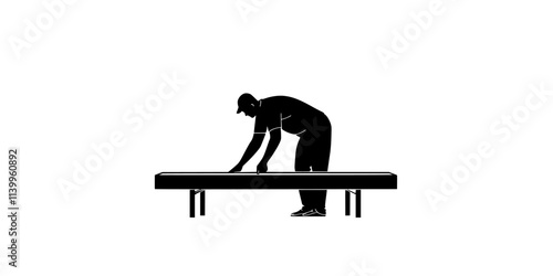Screen printer positioning a screen on fabric before applying ink, Vector Graphic