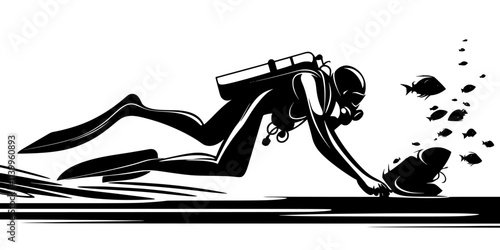 Scuba diver adjusting flippers before starting the descent for an underwater exploration, Vector Graphic