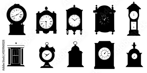 Several clocks hanging on a plain wall, displayed for sale at an auction house, Vector Graphic