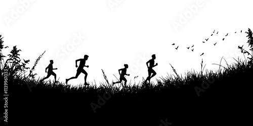 Runners navigating through grass fields while avoiding sharp objects, Vector Graphic