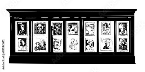 Several rare stamps neatly arranged inside a display case at a museum exhibit, Vector Graphic