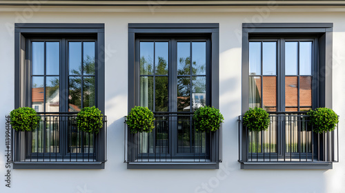 Elegant Triple Windows with Balcony Railings and Greenery, Enhancing Architectural Design with Modern Aesthetics and Natural Beauty, Creating a Harmonious Urban Living Space.