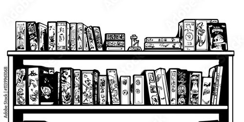 Several board games stacked on a collector’s shelf in a display room, Vector Graphic