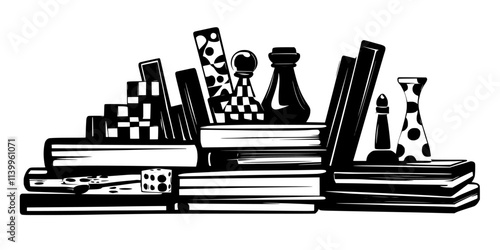 Several board games arranged on a table, ready for cataloging by the owner, Vector Graphic