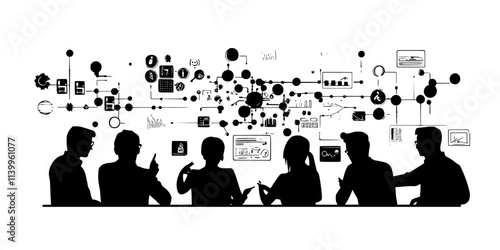 Several individuals studying the board layout, analyzing available options for their next turn, Vector Graphic