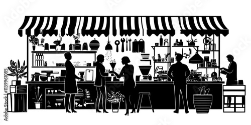 Several individuals browsing through a variety of vintage tools at an outdoor market, Vector Graphic