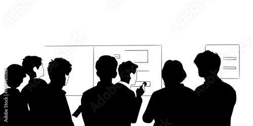 Several people concentrating on their next move while checking the board's overall progress, Vector Graphic