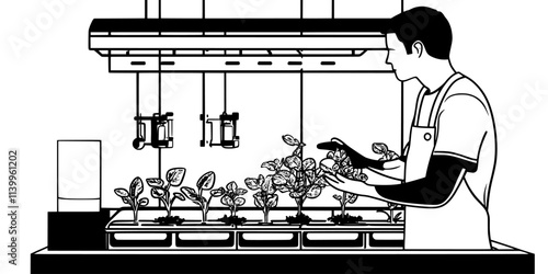 Someone transplanting young plants into a hydroponic system in a kitchen space, Vector Graphic