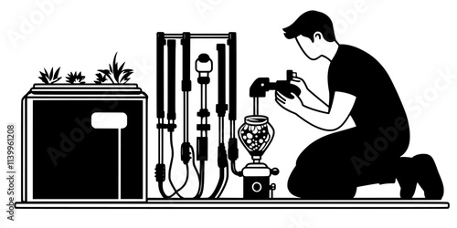 Someone setting up a filtration system in a new amphibian habitat for clean water circulation, Vector Graphic