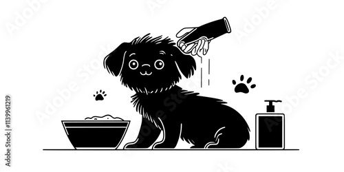 Someone washing a small dog at home, applying shampoo and rinsing to keep the pet clean, Vector Graphic