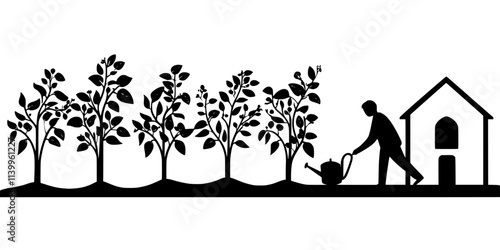 Someone watering a row of fruit trees planted along the side of a home, Vector Graphic