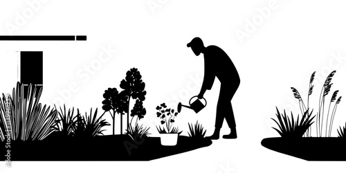 Someone watering newly planted perennials near a stone pathway in a suburban yard, Vector Graphic