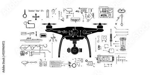 Quadcopter drone being assembled for DIY aerial navigation using robotics components, Vector Graphic