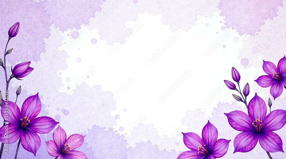 Obraz premium Serene Lavender Floral Frame with Watercolor Splashes and Delicate Blossoms for Elegant Design