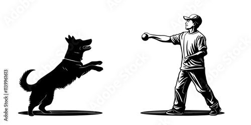 Trainer instructing a dog to fetch an object as part of a trick routine, Vector Graphic