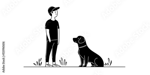 Trainer standing in front of a dog, waiting for eye contact before giving a command, Vector Graphic