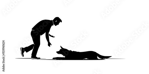 Trainer showing a dog how to roll over using verbal and hand signals, Vector Graphic