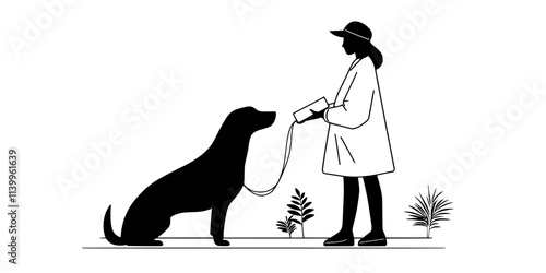 Trainer teaching a dog to jump over arms as part of a trick sequence, Vector Graphic