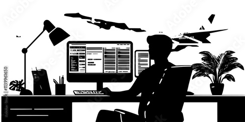 Traveler checking flight prices on a computer while sitting at a desk, Vector Graphic