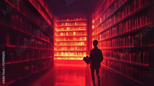 Man in Red Lit Library Holds Books