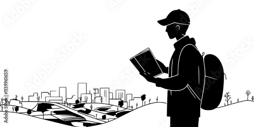 Traveler holding a guidebook, studying a map alone to navigate a city, Vector Graphic