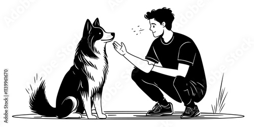 Trainer teaching a dog to jump over arms as part of a trick sequence, Vector Graphic