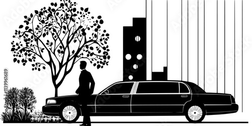 Traveler entering a limousine parked outside an upscale hotel before heading to the airport, Vector Graphic