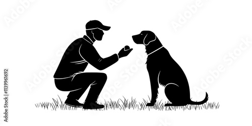 Trainer teaching a dog to jump over arms as part of a trick sequence, Vector Graphic