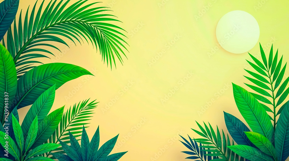 Obraz premium Tropical Foliage Frame with a Circular Element on a Pale Yellow Background
