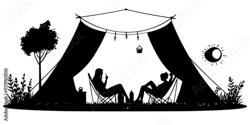 Two campers relaxing outside a furnished tent in a designated glamping area, Vector Graphic