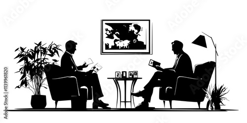 Two collectors exchanging stamps at a small meeting indoors, Vector Graphic