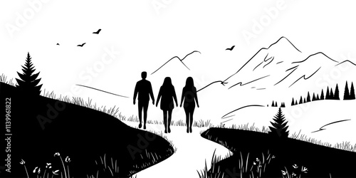 Travelers walking single-file on a narrow hiking path in a nature reserve, Vector Graphic
