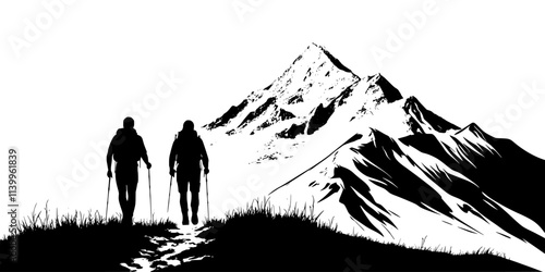 Two hikers ascending a steep trail toward a distant mountain peak, Vector Graphic