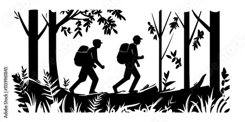 Two hikers navigating a dense forest while crossing a small creek, Vector Graphic