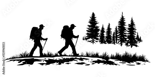 Two hikers trekking on a flat dirt trail with trees visible in the background, Vector Graphic