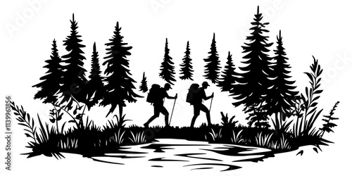 Two hikers navigating a dense forest while crossing a small creek, Vector Graphic