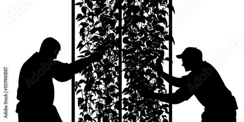 Two individuals harvesting herbs from a vertical garden mounted on a wooden fence, Vector Graphic