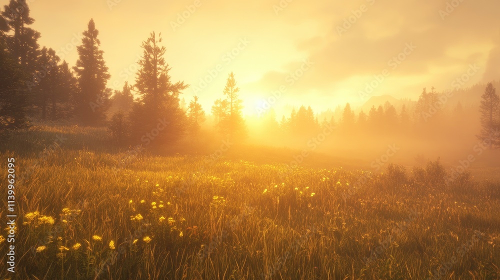 Obraz premium Golden Sunrise Over Misty Meadow and Pine Trees