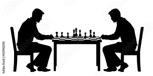 Two players sitting opposite each other, silently concentrating on the current state of the game, Vector Graphic