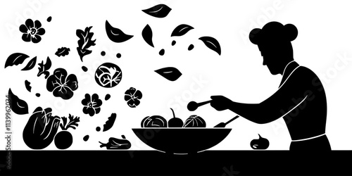 Vegetables being stir-fried in a wok by a chef in a kitchen, Vector Graphic