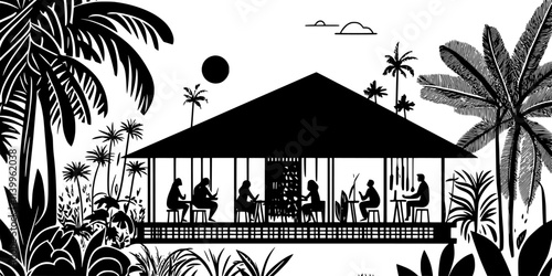 Visitors attending workshops on local culture and sustainability at an eco-lodge in nature, Vector Graphic