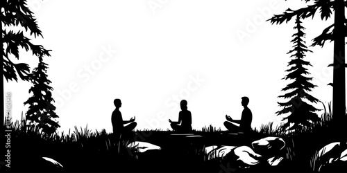 Visitors attending mindfulness workshops in a forest as part of a nature retreat program, Vector Graphic