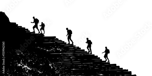 Visitors climbing stone steps at a famous archaeological site on a heritage walk, Vector Graphic