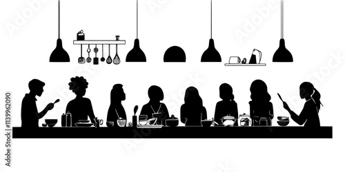 Visitors learning to prepare regional dishes in a hands-on cooking class, Vector Graphic