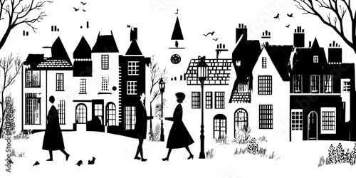 Visitors exploring restored homes from past centuries while walking through a heritage town, Vector Graphic
