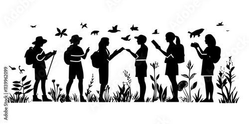 Visitors learning about water conservation techniques during a stay at an eco-friendly lodge, Vector Graphic